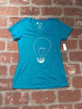 GAP Women's Large Teal V-Neck Tee with White Lightbulb Graphic Love NWT